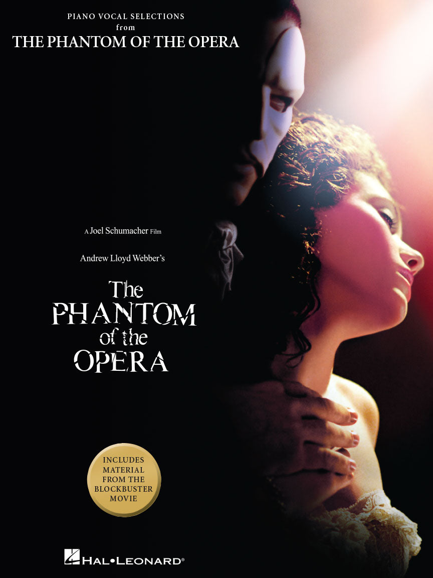 The image shows the cover of a piano vocal selection book for "The Phantom of the Opera," published by Hal Leonard. It features dramatic artwork from the 2004 Joel Schumacher film adaptation, with two characters in profile against a dark background. The cover includes the title, Hal Leonard logo, and a gold medallion noting it "Includes Material from the Blockbuster Movie." This edition offers simplified piano arrangements with vocals and lyrics.