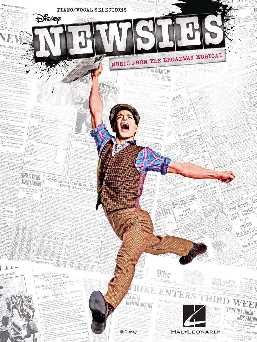 The image shows the cover of a Disney "Newsies" piano/vocal songbook published by Hal Leonard. It features a performer in period costume jumping against a vintage newspaper background, reflecting the musical’s early 20th-century New York newsboy theme. The book includes piano arrangements, vocal melodies with lyrics, and guitar chords for musicians learning songs from the Broadway show.
