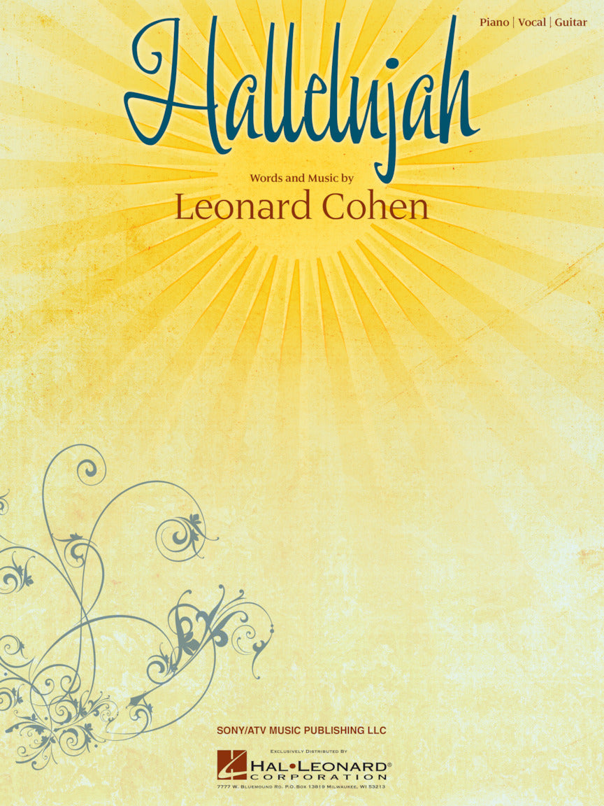The image shows sheet music for Leonard Cohen’s "Hallelujah," published by Hal Leonard Corporation. The cover features the title in elegant blue script with a golden-yellow sunburst background and decorative flourishes. It includes piano, vocal, and guitar arrangements, providing official notation for musicians to perform this iconic song.