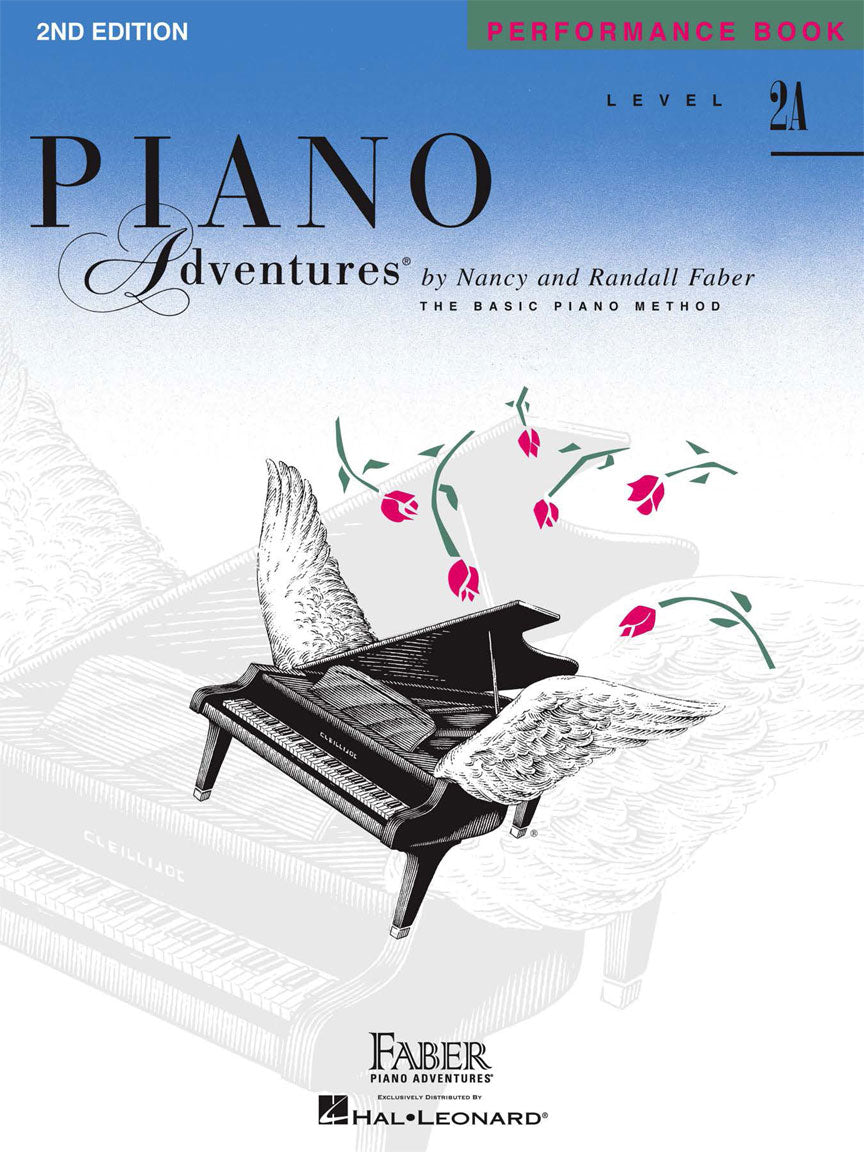 The image shows the cover of "Piano Adventures Performance Book Level 2A" (2nd Edition) by Nancy and Randall Faber, part of "The Basic Piano Method" series. The cover features an artistic grand piano with angel wings and floating pink flowers against a blue-to-white gradient background with subtle musical staff lines. This beginner piano book supports early student learning in the Faber Piano Adventures method.
