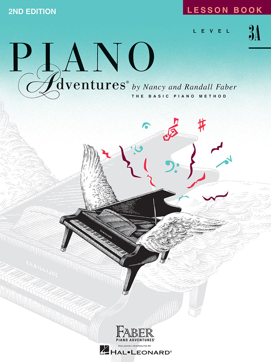 The image shows the cover of "Piano Adventures" 2nd Edition Level 3A Lesson Book by Nancy and Randall Faber. It features a grand piano with wings and floating musical notes, symbolizing creativity and musical learning. The teal-to-white gradient background highlights the book, published by Faber Piano Adventures and distributed by Hal Leonard, designed for intermediate-beginner piano students.