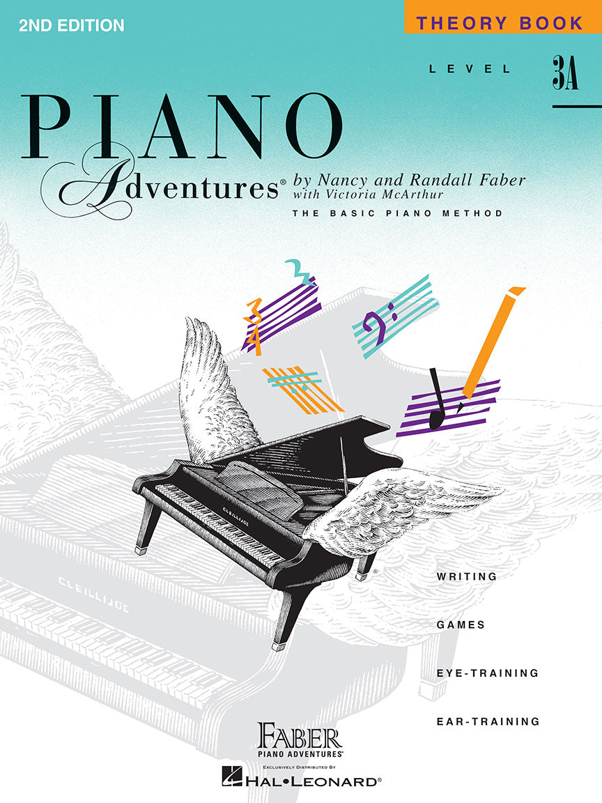 The image shows the cover of "Piano Adventures Theory Book Level 3A, 2nd Edition" by Nancy and Randall Faber with Victoria McArthur. It features a grand piano with wings surrounded by colorful musical notes and symbols. Published by Faber Piano Adventures and distributed by Hal Leonard, this intermediate method book includes writing, games, eye-training, and ear-training components to support music theory learning.