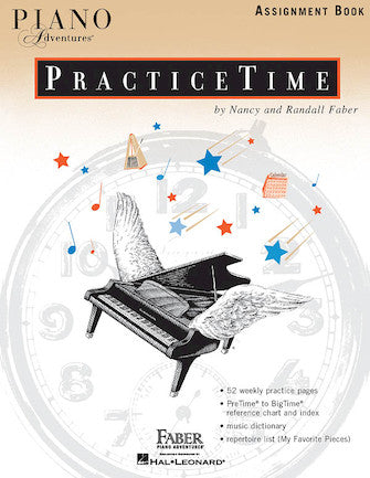 The image shows the cover of "PracticeTime," an assignment book from the Piano Adventures series by Nancy and Randall Faber, published with Hal Leonard. The cover features a grand piano with wings surrounded by red and blue stars, symbolizing musical growth. This supplementary piano method book offers practice assignments to support students developing their piano skills.