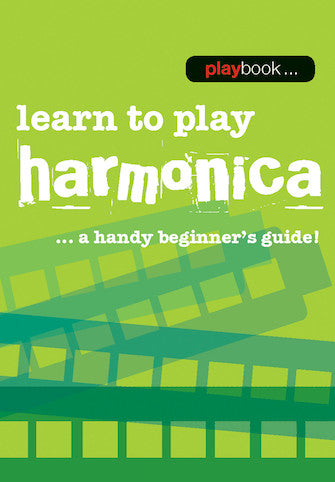 The image shows the cover of a beginner’s harmonica instructional book titled "Learn to Play Harmonica," labeled as "a handy beginner's guide!" It has a bright green background with wave patterns and a "playbook" series logo in the top right corner. The book likely includes basic techniques, simple songs, and fundamental music theory for learning harmonica.
