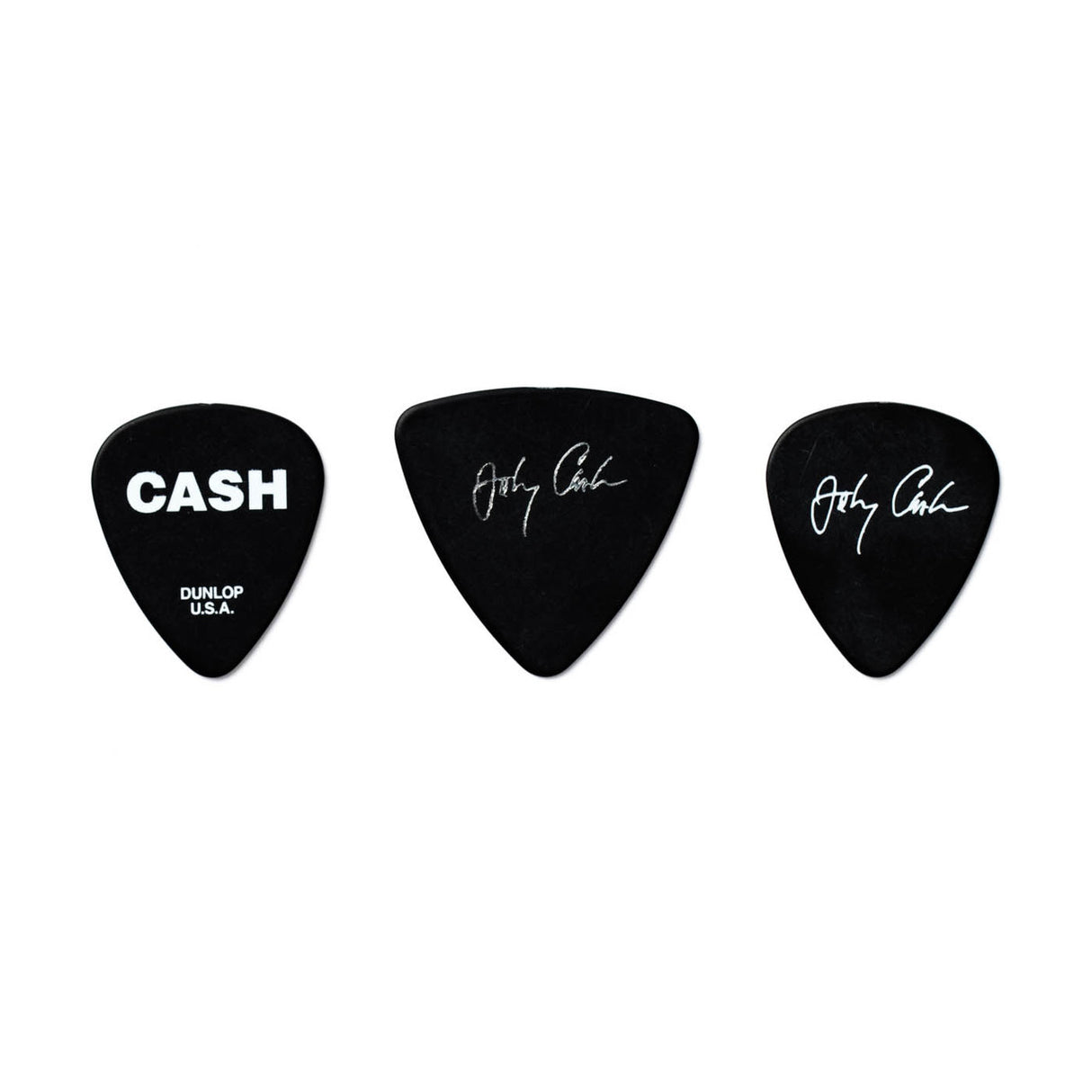 Three black guitar picks with 'CASH' branding on a white background