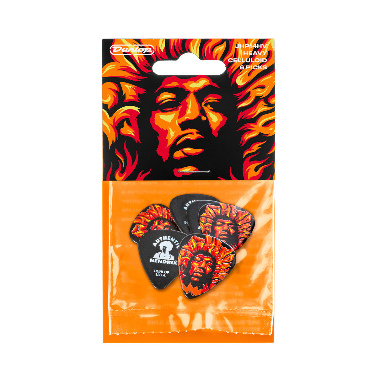 Pack of Dunlop guitar picks with a colorful design featuring a the face of Jimi Hendrix on an orange background.