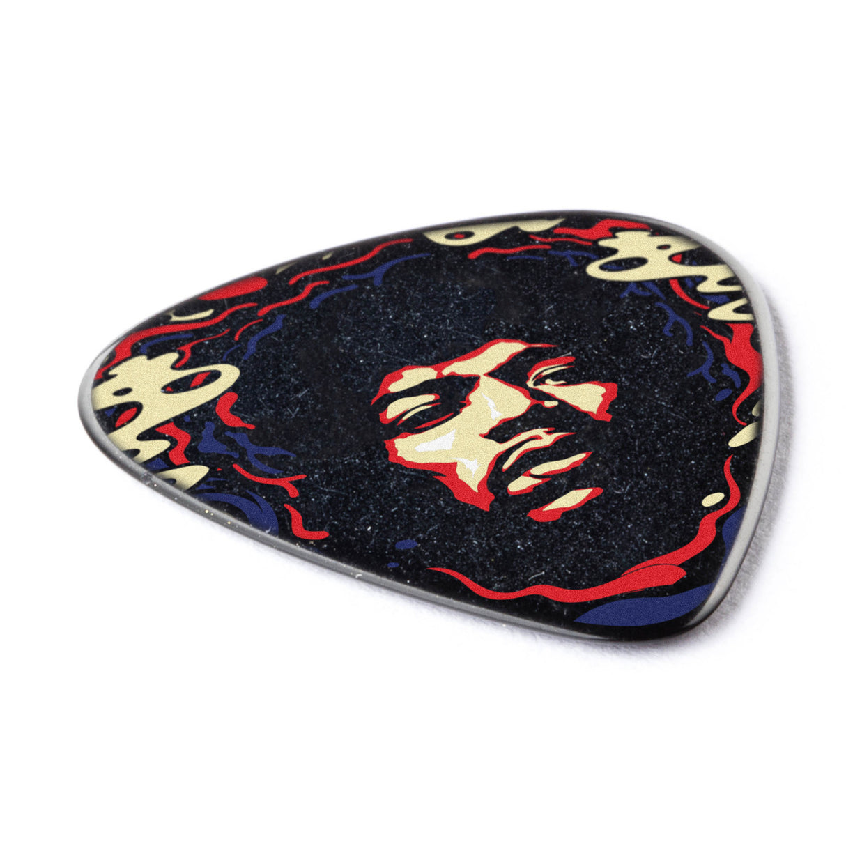 Guitar pick with a colorful Jimi Hendrix design on a white background