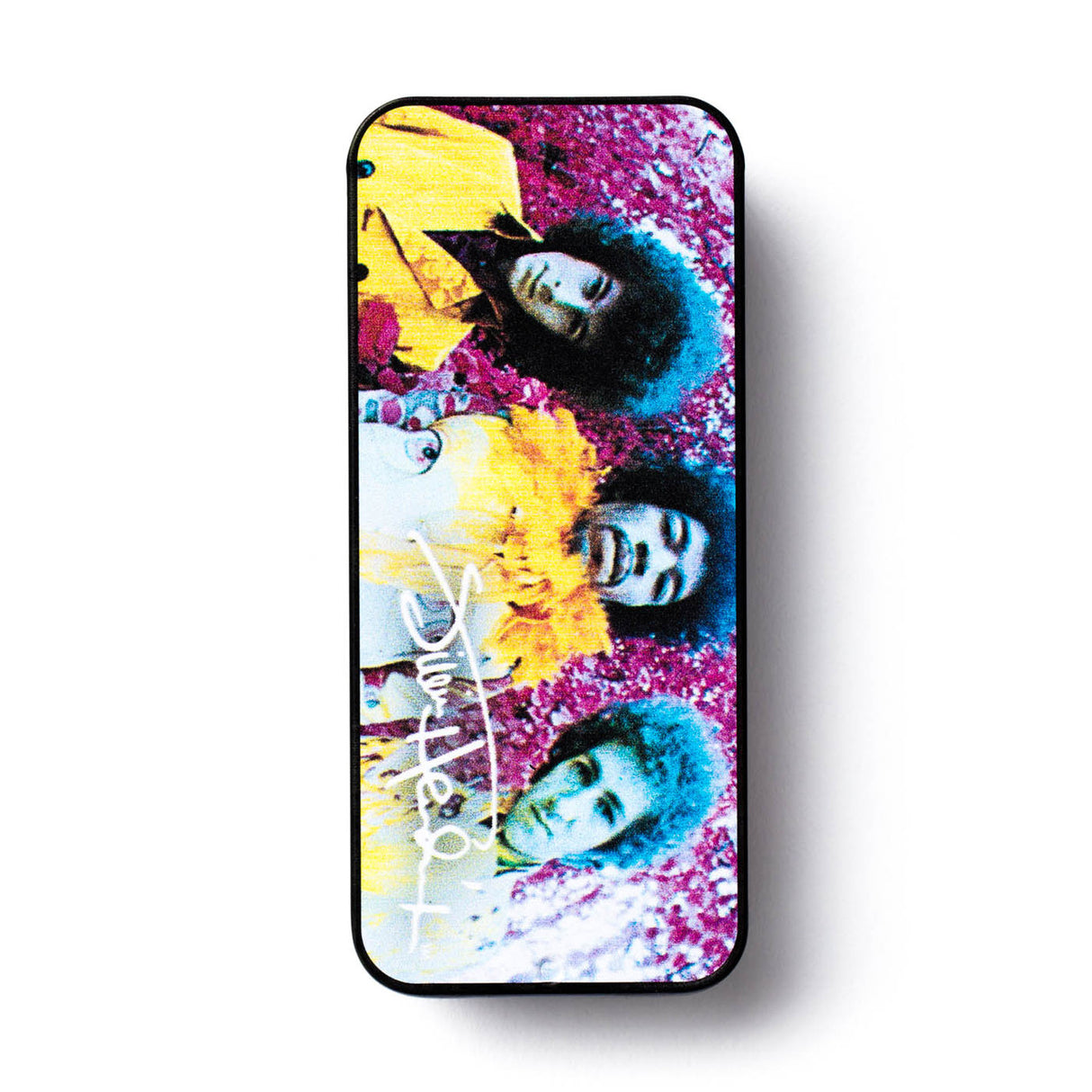 Jimi Hendrix pick tin on a white background