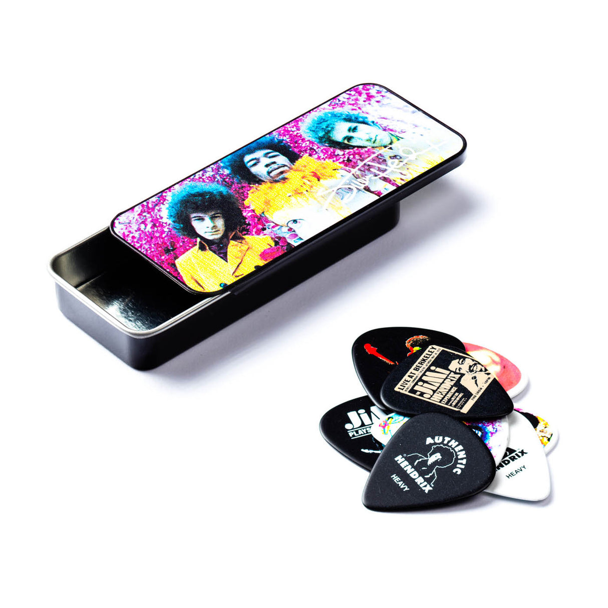 Jimi Hendrix pick tin and pick assortment on a white background