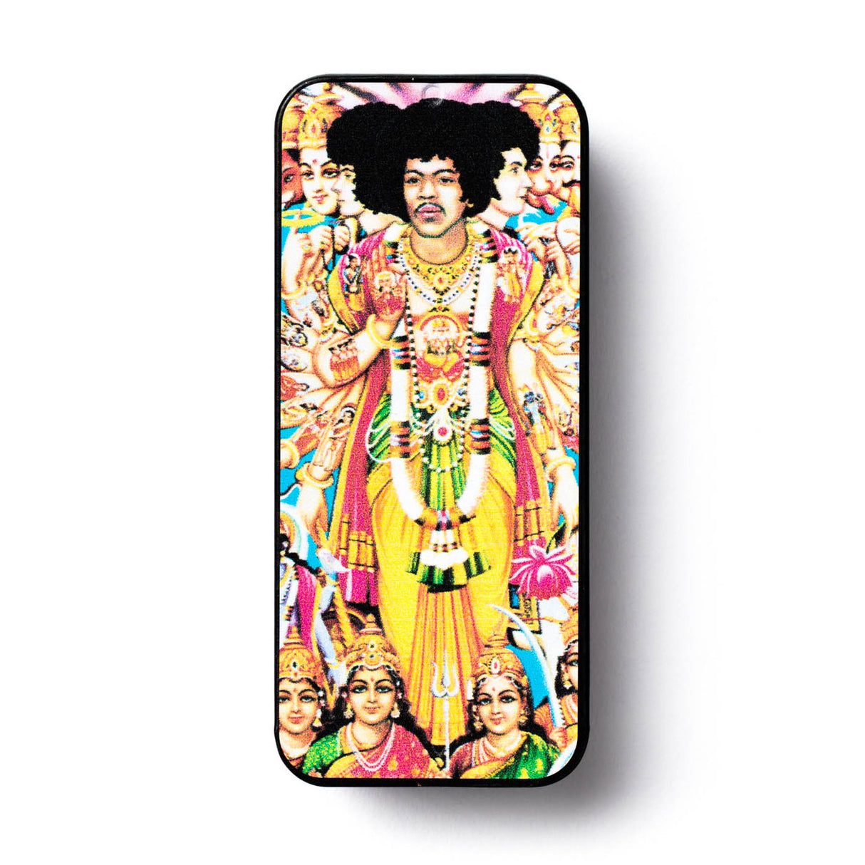 Jimi Hendrix colorful pick tin on a white background