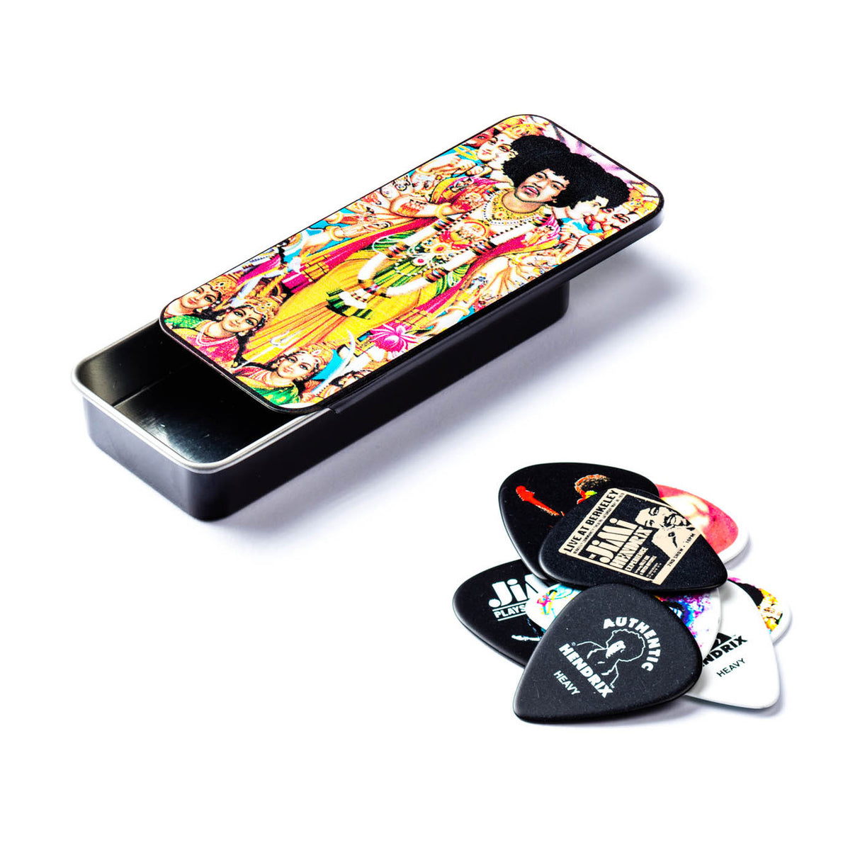 Colorful Jimi Hendrix pick tin along with a pick assortment on a white background