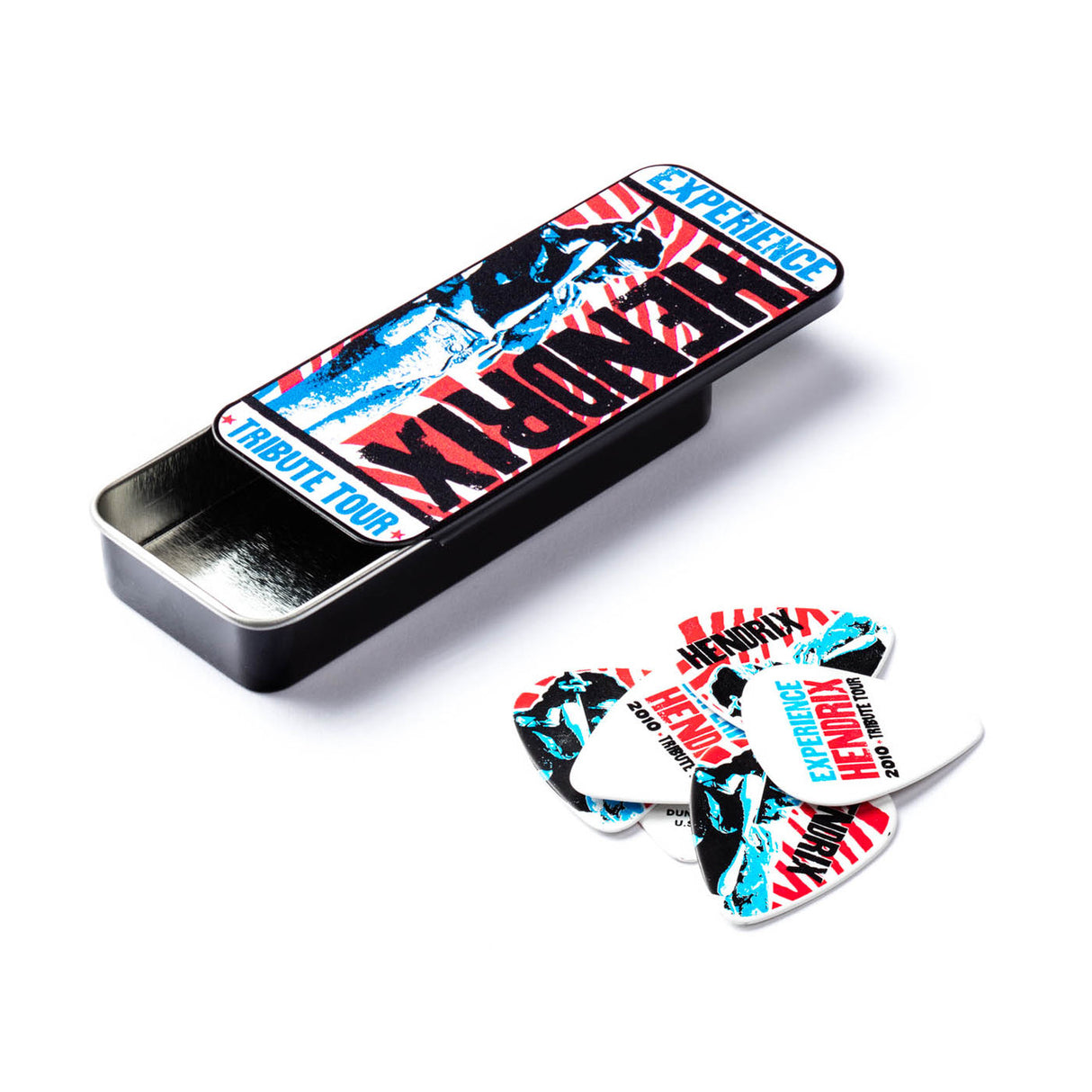 Jimi Hendrix 'Tribute Tour' pick tin with pick assortment on white background