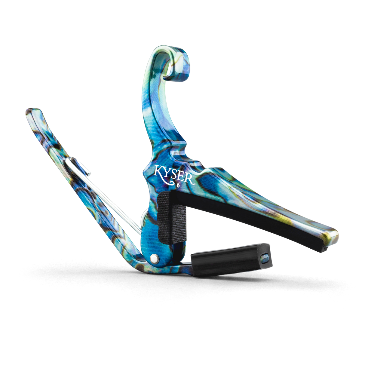 The image shows a Kyser guitar capo with a blue and green swirled, iridescent finish resembling abalone shell. This spring-loaded capo has a curved design and a black rubber pad for clamping securely on the fretboard, allowing guitarists to raise the pitch of all strings at once. Kyser is known for quick-change, functional, and stylish guitar accessories.