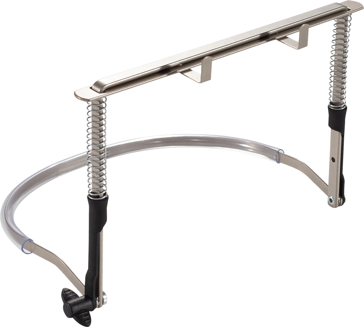 The image shows a professional-grade metal music stand with black accents. It features a flat ledge for sheet music, two spring-loaded arms to secure pages, a curved support arm, an adjustable telescoping height mechanism, and a tripod base for stability. Designed for musicians, it holds sheet music securely at optimal reading height, making it suitable for various performance settings.