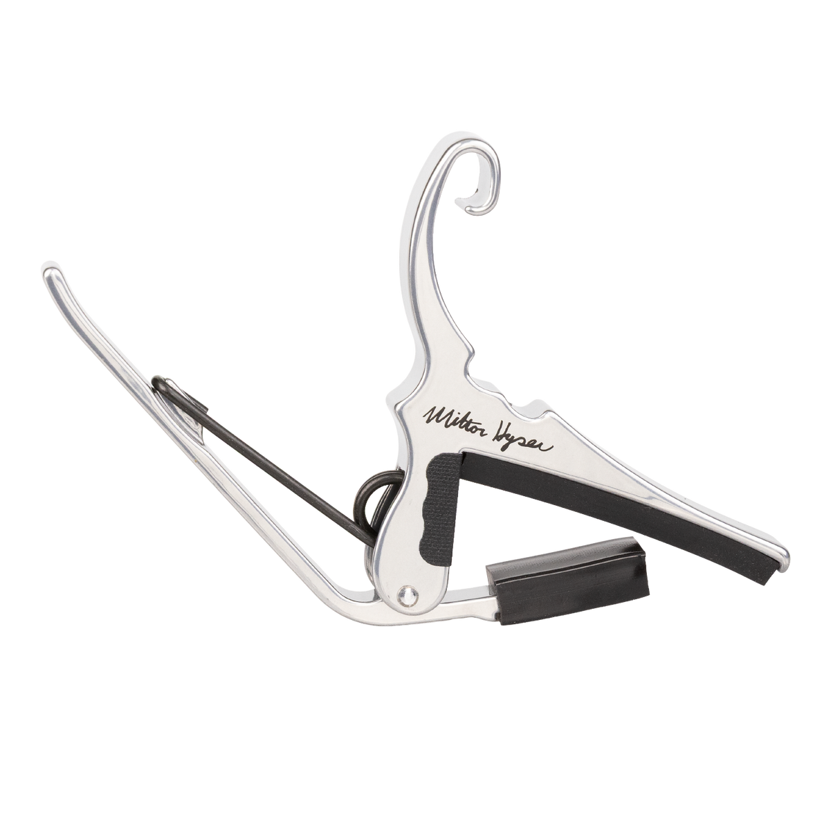 A silver Kyser capo with Milton Kyser signature on a white background