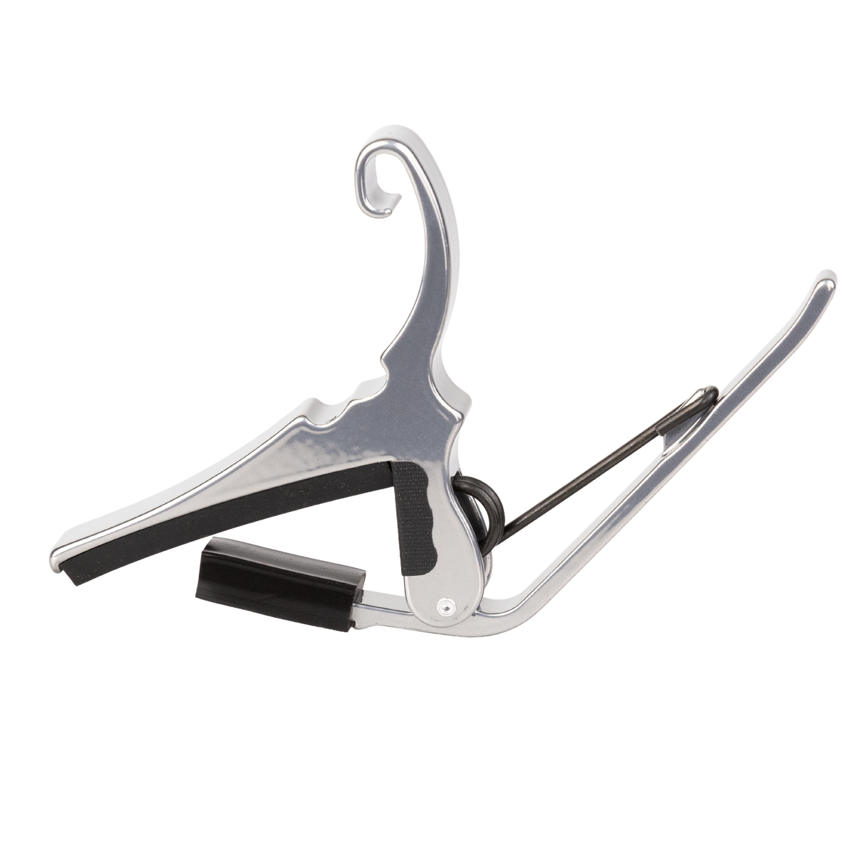A silver Kyser capo on a white background