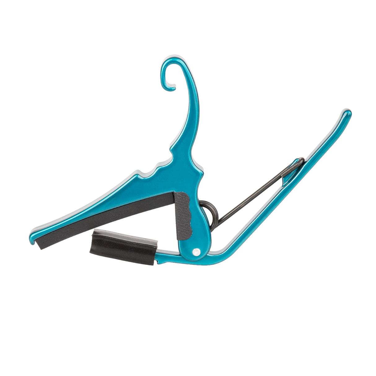 A teal Kyser guitar capo on a white background