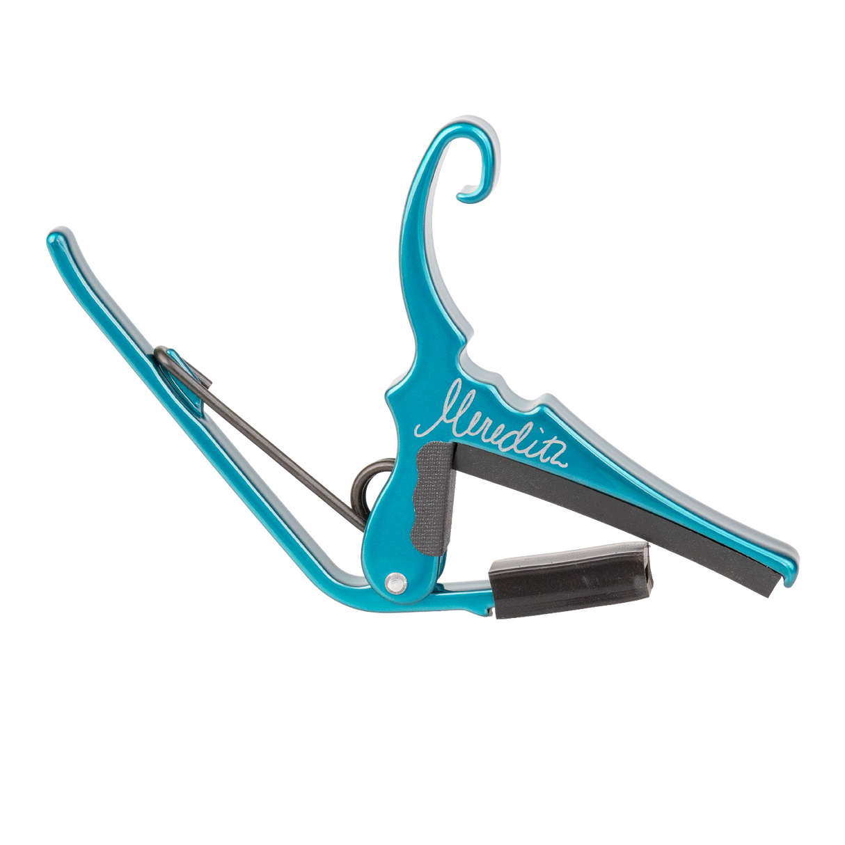 A teal Kyser guitar capo with 'Meredith' signature on a white background