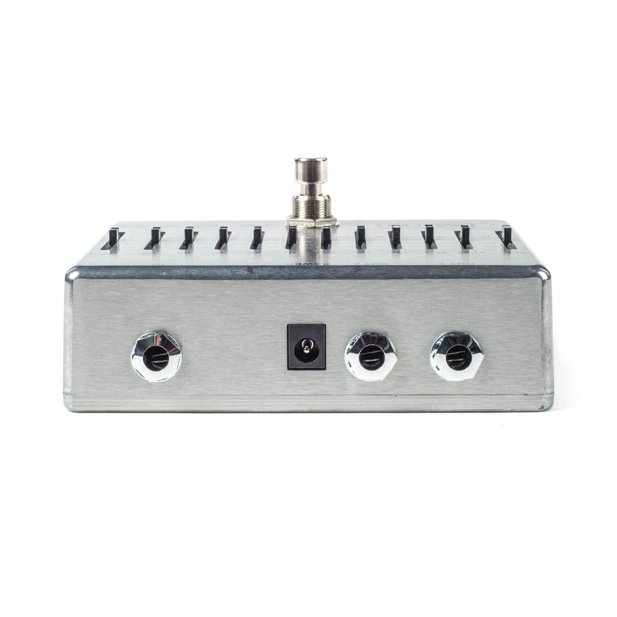 The image shows a guitar multi-effects pedal with a brushed metal housing. The top panel features multiple switches for selecting effects or presets, while the front panel has three chrome knobs for adjusting tone, volume, or intensity, plus a status LED. Designed for guitarists, it allows quick switching between effects like distortion and reverb, making it ideal for live performance and studio use.