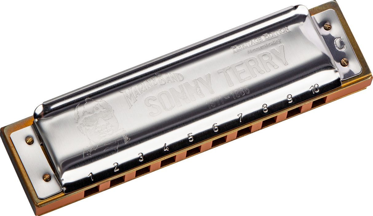 The image shows a Hohner Marine Band harmonica with a chrome top plate featuring "Marine Band" and "SOLITARY" engravings. It has a natural wooden comb, numbered holes 1-10, and the classic rectangular shape of a 10-hole diatonic harmonica. This wind instrument is played by blowing air through the holes to produce notes and is popular in blues, folk, and rock music.