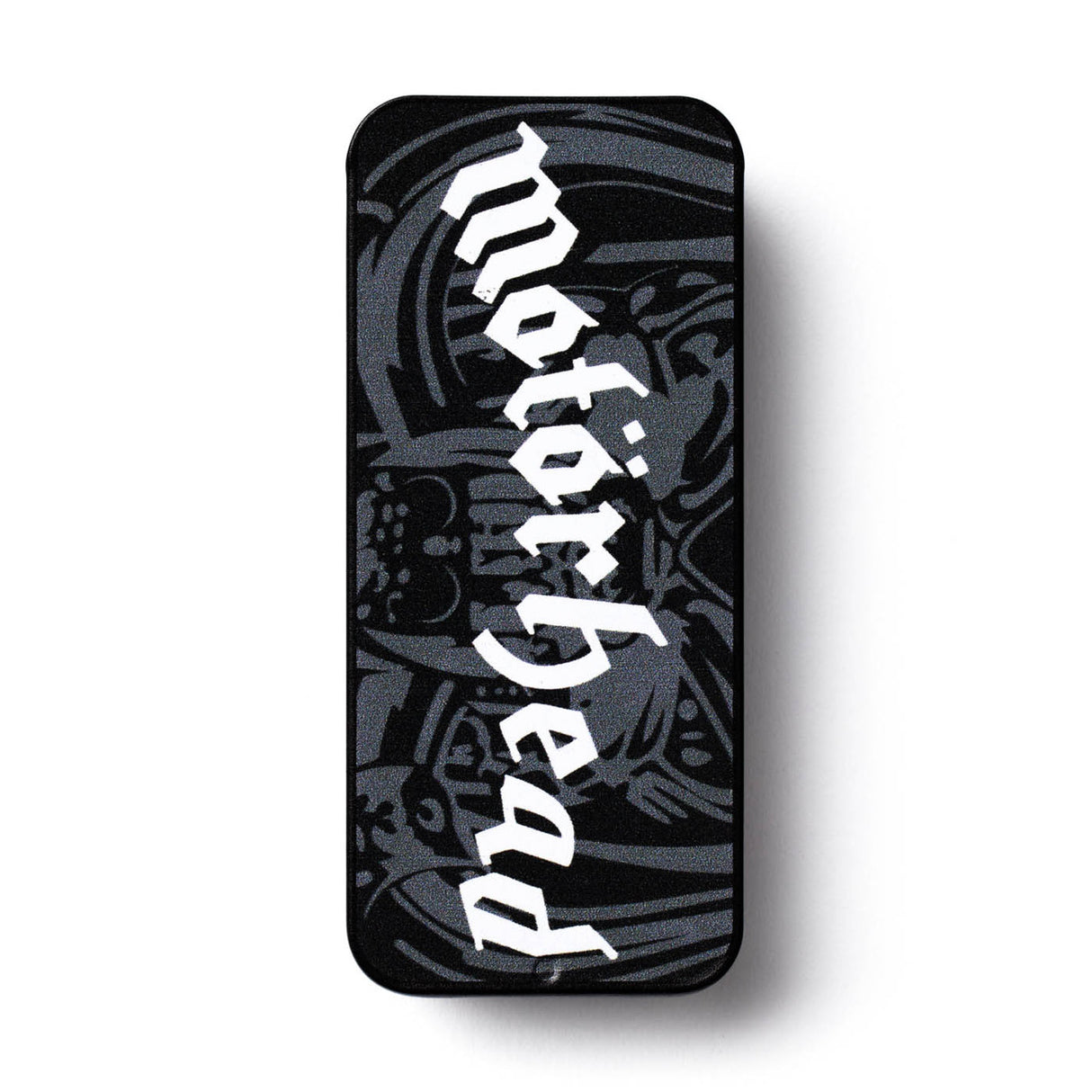 Black Motorhead pick tin on a white background