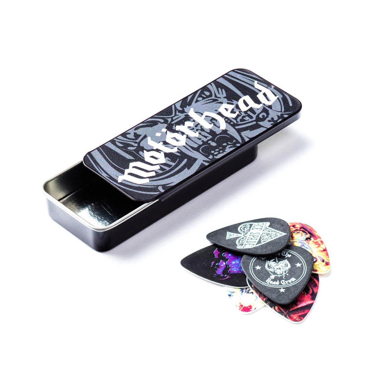 Motorhead pick tin with pick assortment on a white background