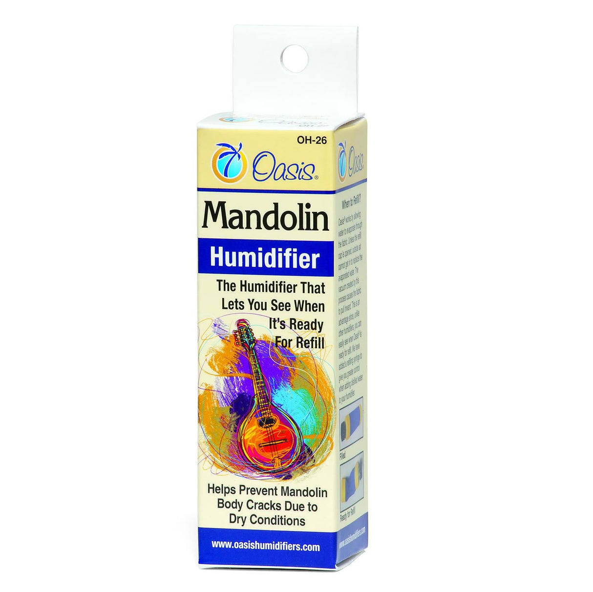 The image shows the Oasis Mandolin Humidifier (model OH-26) in its colorful packaging. The box features the Oasis logo, the title "Mandolin Humidifier," a tagline about its visible refill indicator, an artistic mandolin illustration, and text highlighting its role in preventing mandolin body cracks from dry conditions. The company website www.oasishumidifiers.com is also displayed.