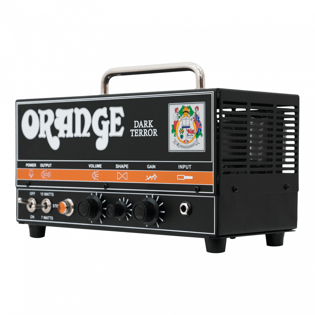 The image shows an Orange Dark Terror guitar amplifier head, a compact, high-gain tube amp with a classic orange and black design. It features a wattage toggle switch (OFF/7W/15W), three knobs (Volume, Shape, Gain), an input jack, side vents, a metal handle, and the iconic Orange logo, making it a portable amp head ideal for heavy rock and metal tones.