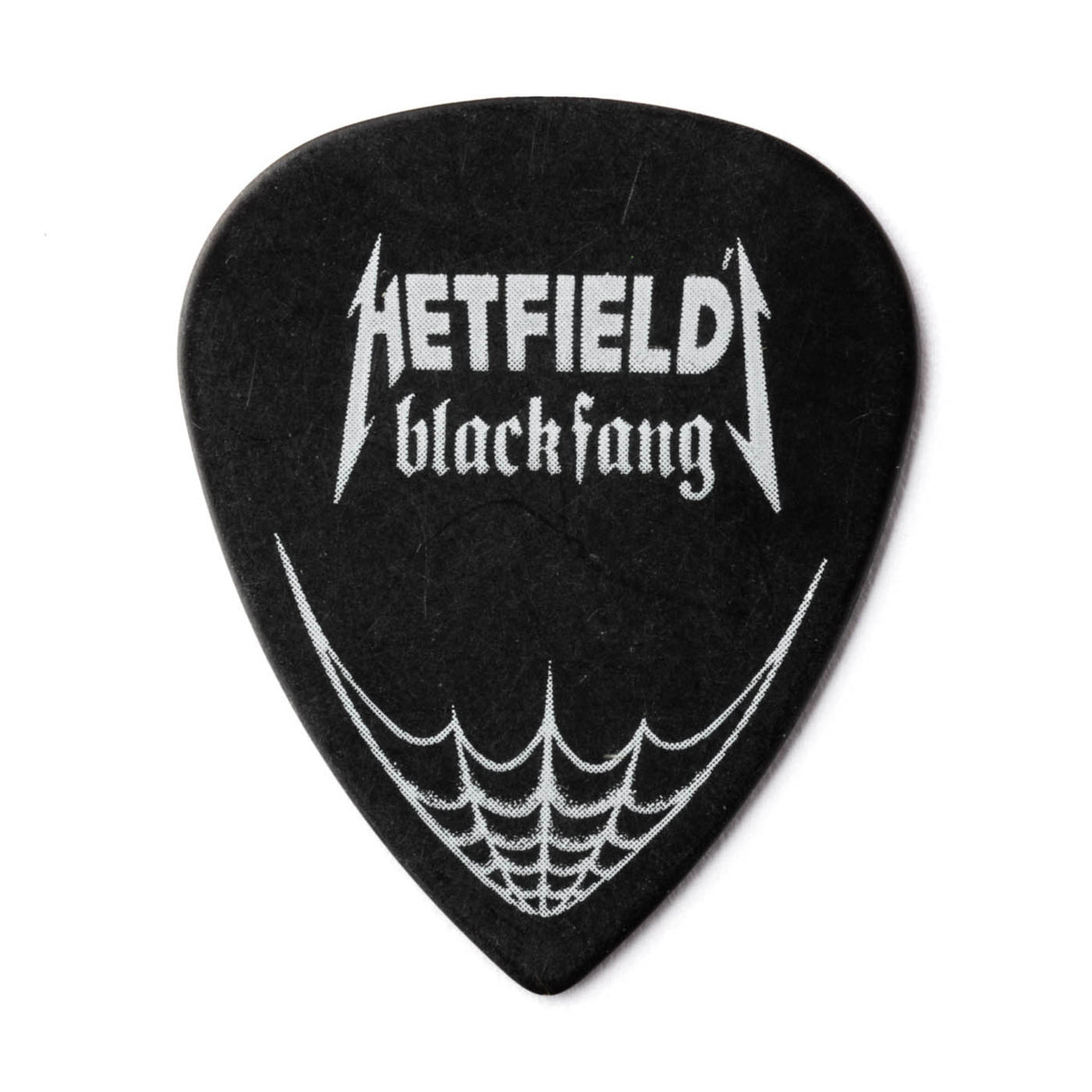 Black guitar pick with 'Hetfield Black Fang' text on a white background
