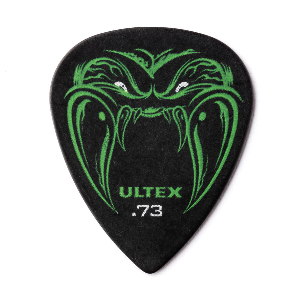Guitar pick with green snake design and 'Ultex' branding on a black background