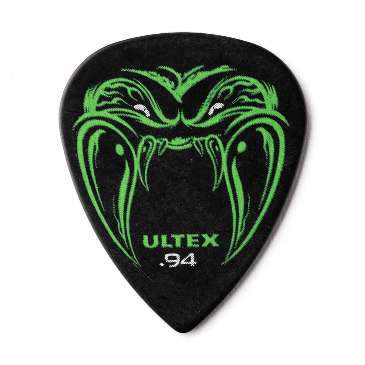 Guitar pick with green dragon design and 'Ultex' branding on a black background