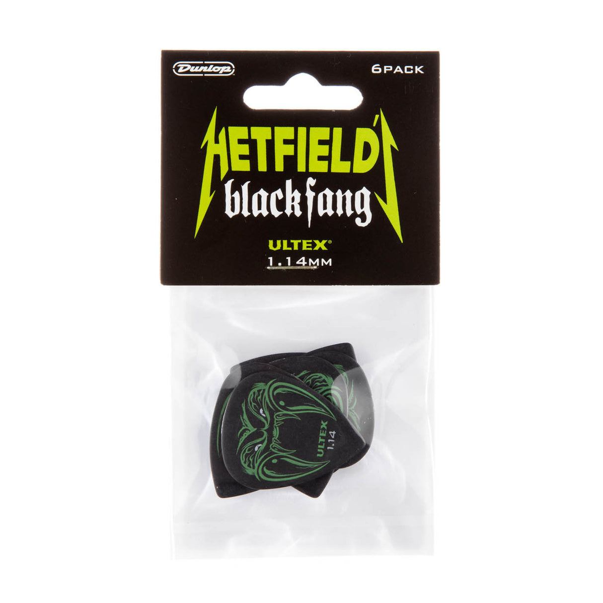Pack of Dunlop Hetfield Black Fang Ultex guitar picks with a clear window on a white background