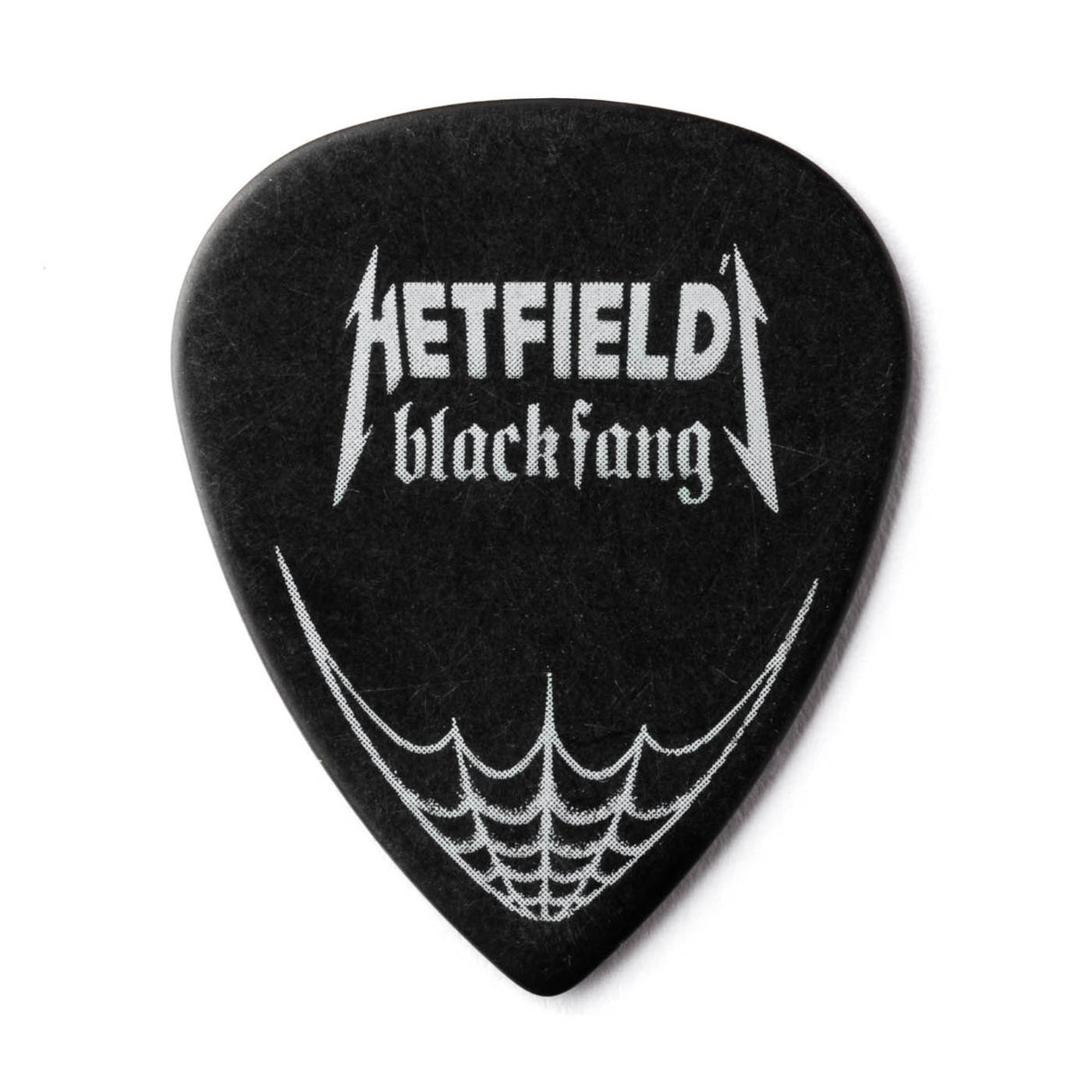 Black guitar pick with 'Hetfield' and 'black fang' text on a white background
