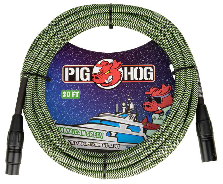 The image shows a Pig Hog 20-foot vintage-style instrument cable in Jamaican Green, featuring a green and black braided exterior, black 1/4" TS connectors, and coiled presentation. It includes Pig Hog branding with a pig mascot and space-themed packaging with cartoon pigs. Known for colorful, durable cables, this model suits guitars, basses, and keyboards, offering stage-ready length and protection.