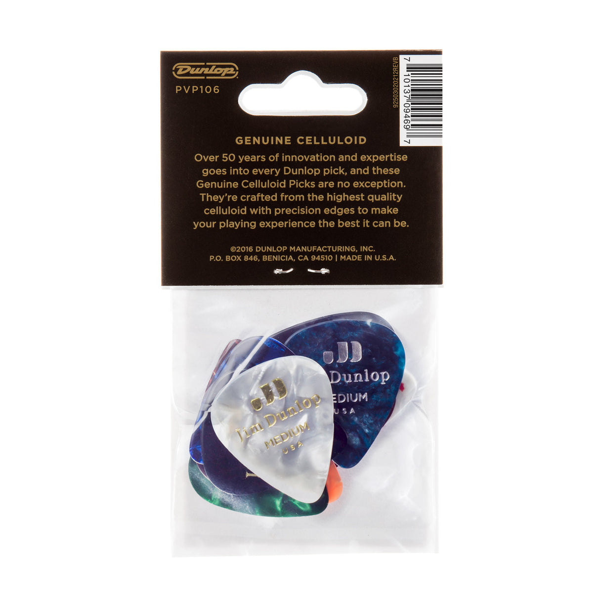 Dunlop guitar picks packaging with three picks inside on a white background