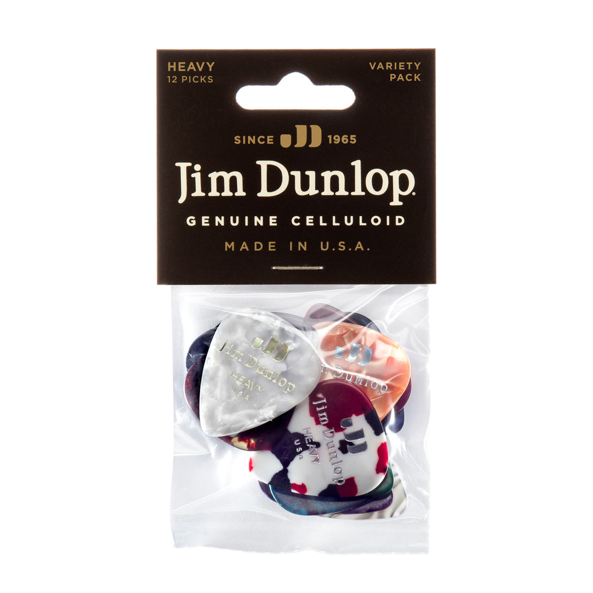 Pack of Jim Dunlop guitar picks with a clear window on a white background