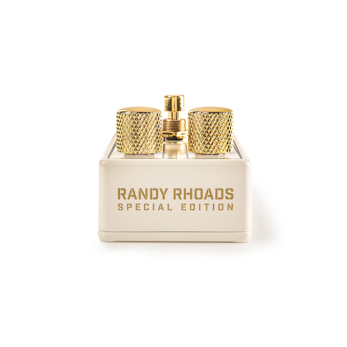 The image shows gold-finished guitar tuning pegs with knurled knobs mounted on a cream base engraved with "RANDY RHOADS SPECIAL EDITION." These premium machine heads are high-quality, precision-made components designed for tuning guitar strings, combining functional engineering with an elegant finish. They are likely signature or tribute tuners aimed at guitarists seeking both performance and stylish hardware upgrades.