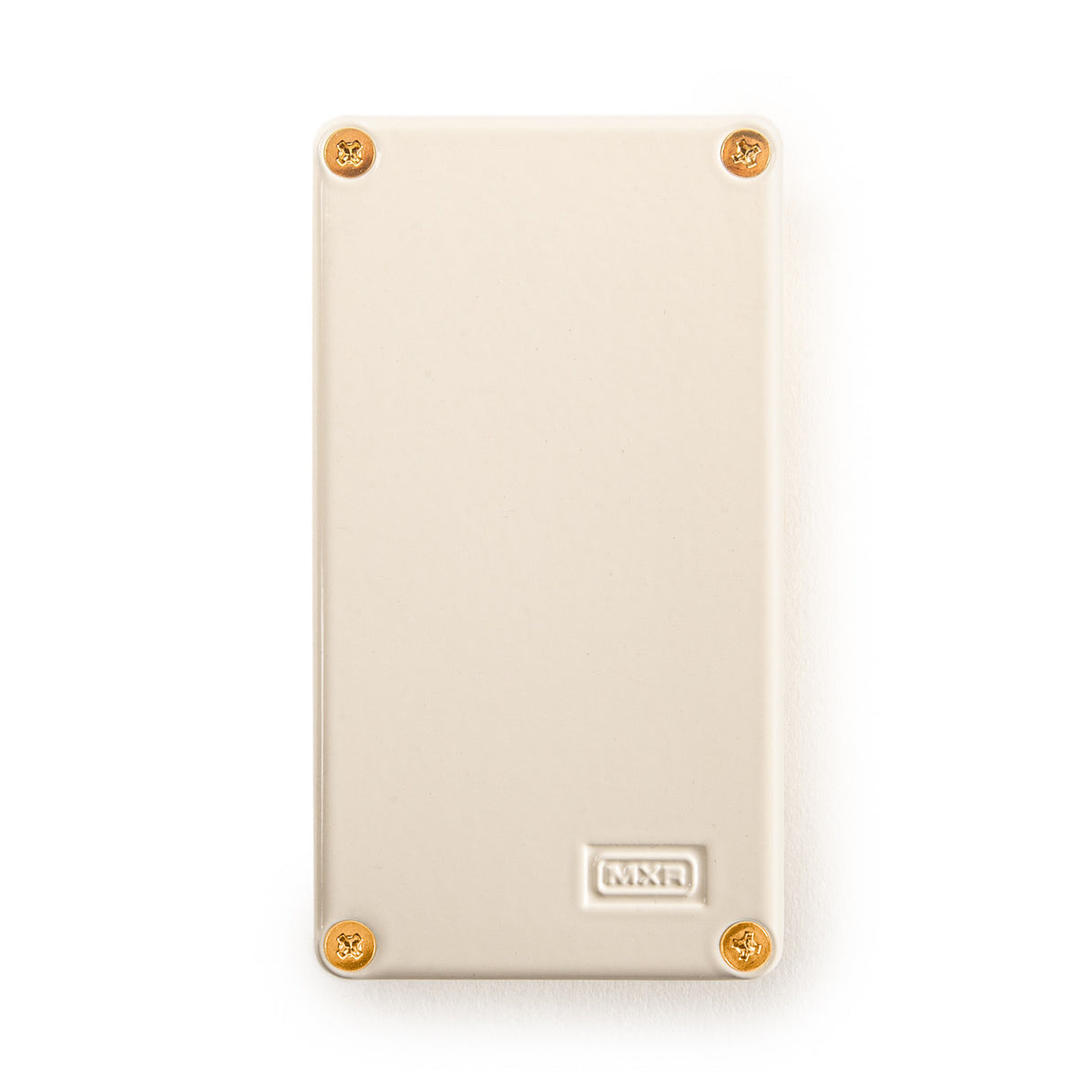 The image shows the back panel of an MXR guitar effects pedal. The panel is cream-colored with four brass screws at the corners and features the embossed or printed "MXR" logo. MXR is a well-known brand of effects pedals, which musicians use to alter their instrument's sound with effects like distortion, delay, and reverb.