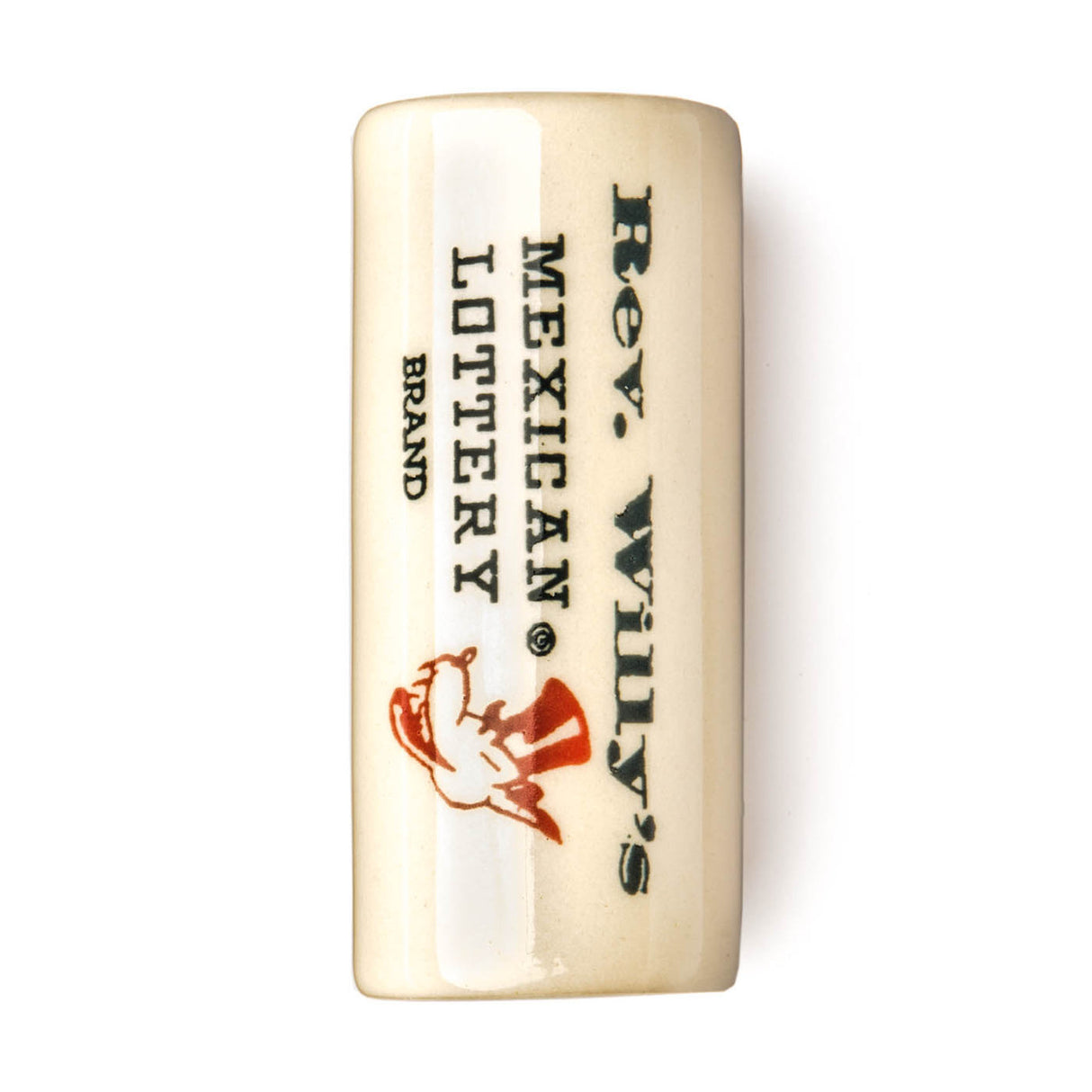 Ceramic guitar slide with Rev Willy's Mexican Lottery branding on a white background