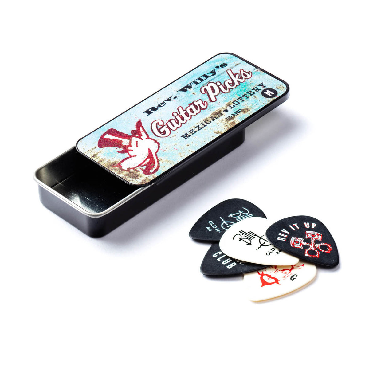 Rev Willy's guitar picks in a tin with five picks displayed on a white background