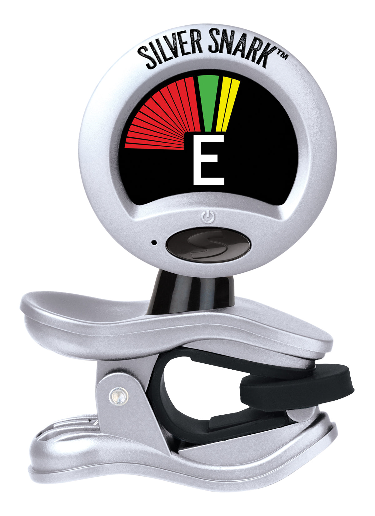 The image shows a Silver Snark clip-on guitar tuner with a metallic clip and circular display. The screen features a tuning meter with red, yellow, and green segments and displays the letter "E" indicating the detected note. The clip attaches to the instrument's headstock, and a small button is visible, likely for power or mode. This chromatic tuner detects vibrations through the instrument, making it a popular, portable accessory for string players.
