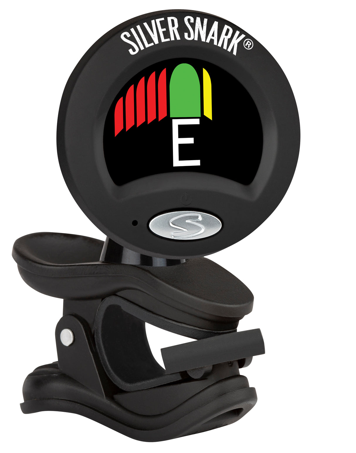 The image shows a Snark Silver Snark clip-on electronic guitar tuner with a black plastic body attached to a guitar headstock. It features a digital display indicating the note "E" with a multicolor LED strip for tuning feedback. The adjustable, rotatable head allows optimal viewing, and Snark branding is visible. The chromatic tuner detects vibrations for accurate, easy tuning during practice or performance.