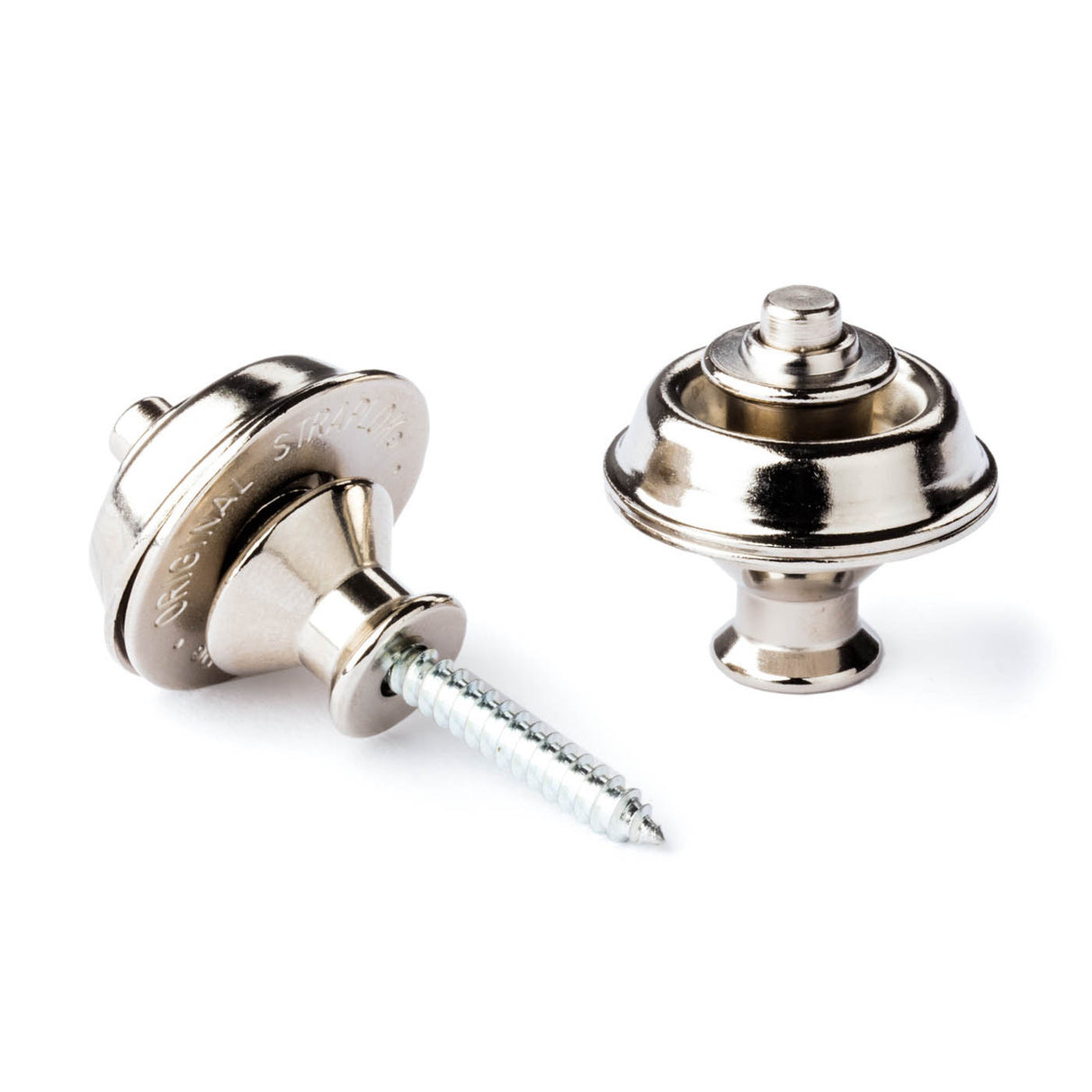 A pair of guitar straplocks with a nickel finish on a white background