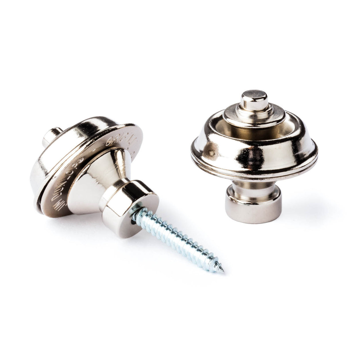 A pair of guitar straplocks with a nickel finish on a white background