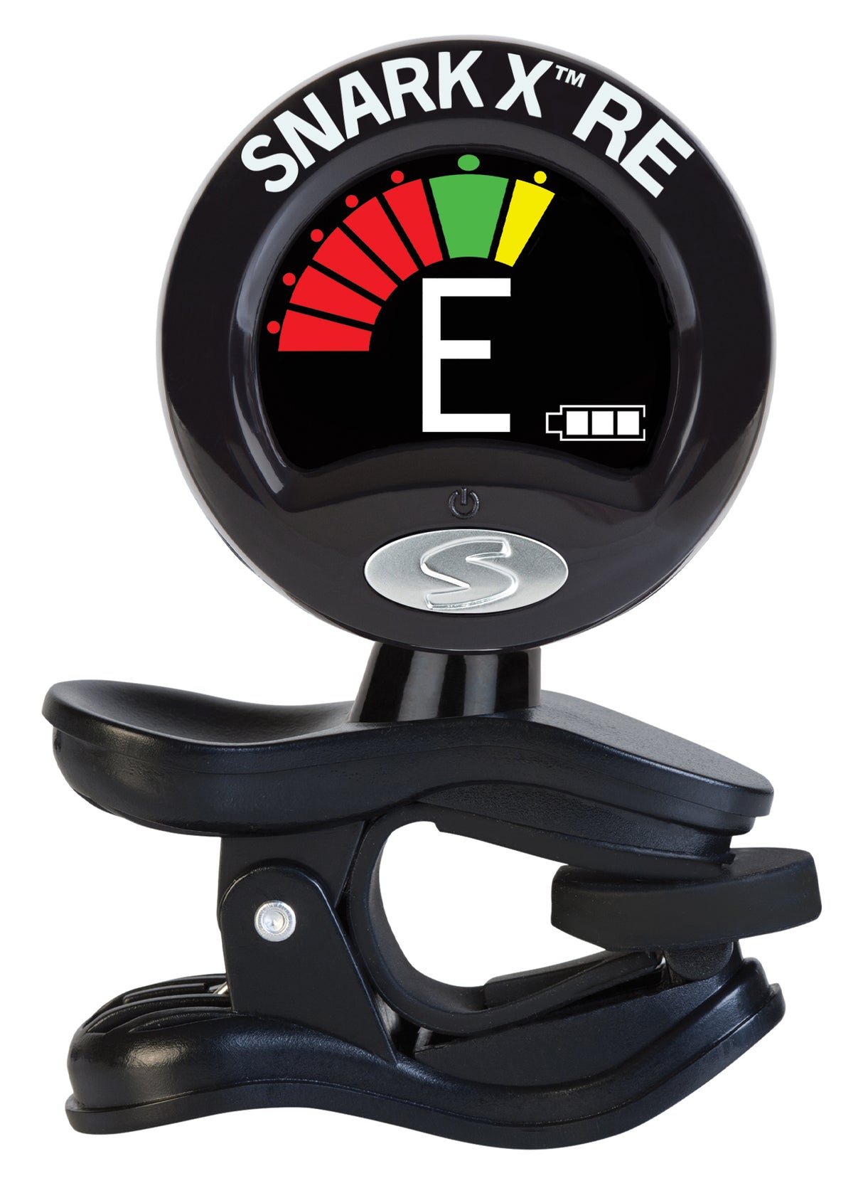 The image shows a Snark XTR-E clip-on chromatic tuner with a large LCD and colorful LED meter. It displays the note "E" with an arc-shaped indicator in red, yellow, and green segments to show pitch accuracy. The black clip attaches to the instrument headstock. It uses vibrations for tuning, ideal for noisy environments, and includes a battery level icon. This popular accessory offers quick, accurate tuning for guitars and other stringed instruments.