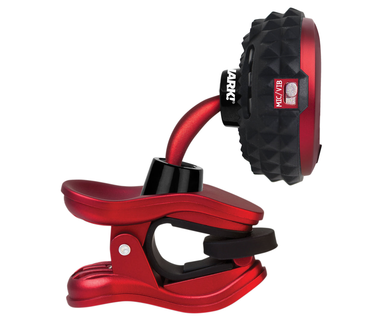 The image shows a red and black clip-on electronic tuner with a metallic finish and the brand name "AROMA." It features a digital display, an adjustable arm, and a swivel head for easy viewing. Designed for stringed instruments, it detects vibrations for accurate tuning in noisy settings. Its compact size and hands-free clip-on design make it convenient for musicians to use and carry.