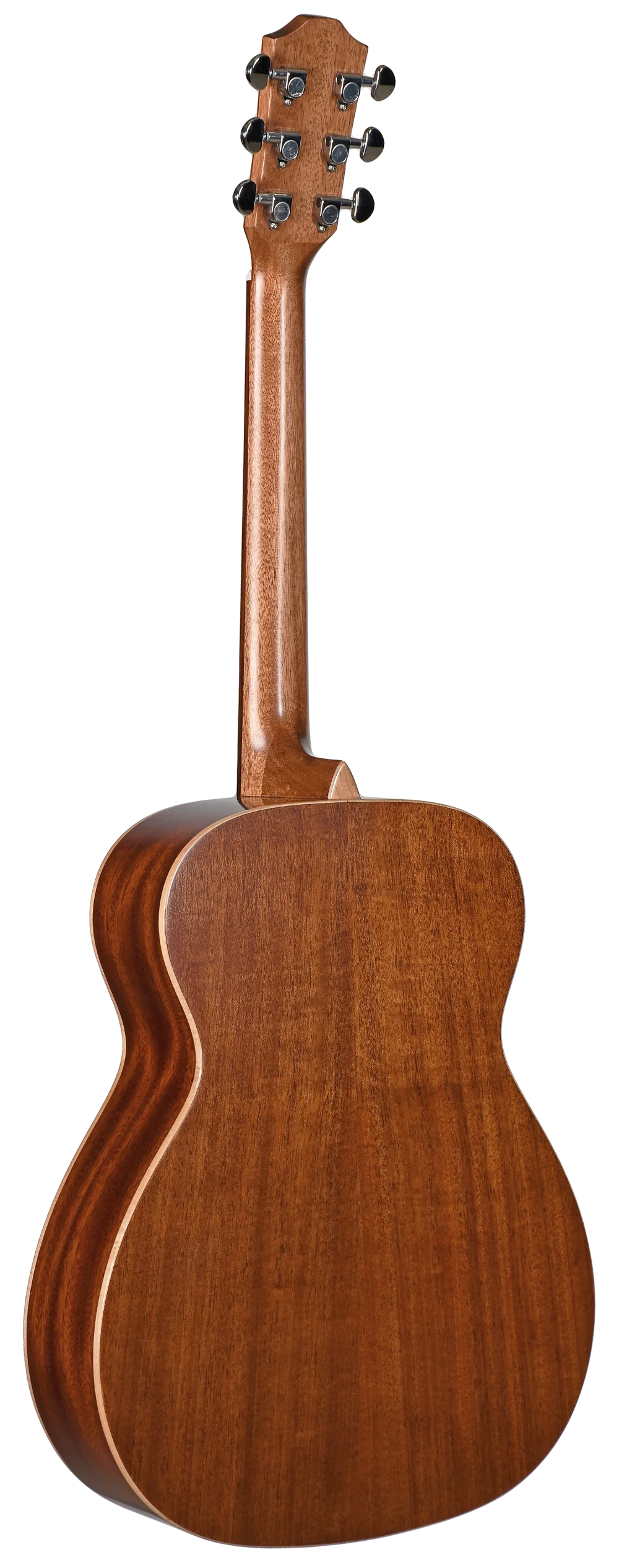 The image shows the back and headstock of an acoustic guitar with a rich brown wood finish and visible grain. It features cream binding, a glossy surface, six chrome tuning machines with black knobs in a 3+3 layout, and a classic angled headstock. The body has a traditional dreadnought shape, highlighting quality craftsmanship and materials, likely mahogany or similar hardwood, suitable for various music styles.