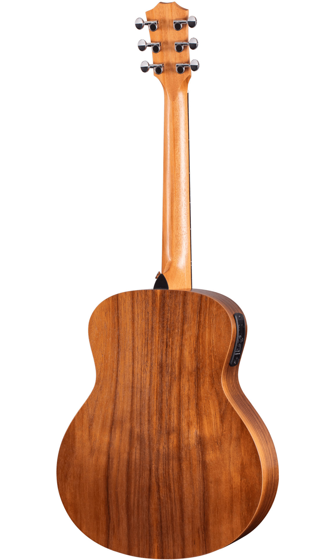 The image shows the back of an acoustic-electric guitar with a warm, golden-brown wood finish highlighting natural grain patterns. It features six dark tuning pegs on a curved headstock, classic body curves, and a black side control panel indicating built-in electronics. The craftsmanship appears smooth and high-quality, suggesting premium tonewood like mahogany or koa.