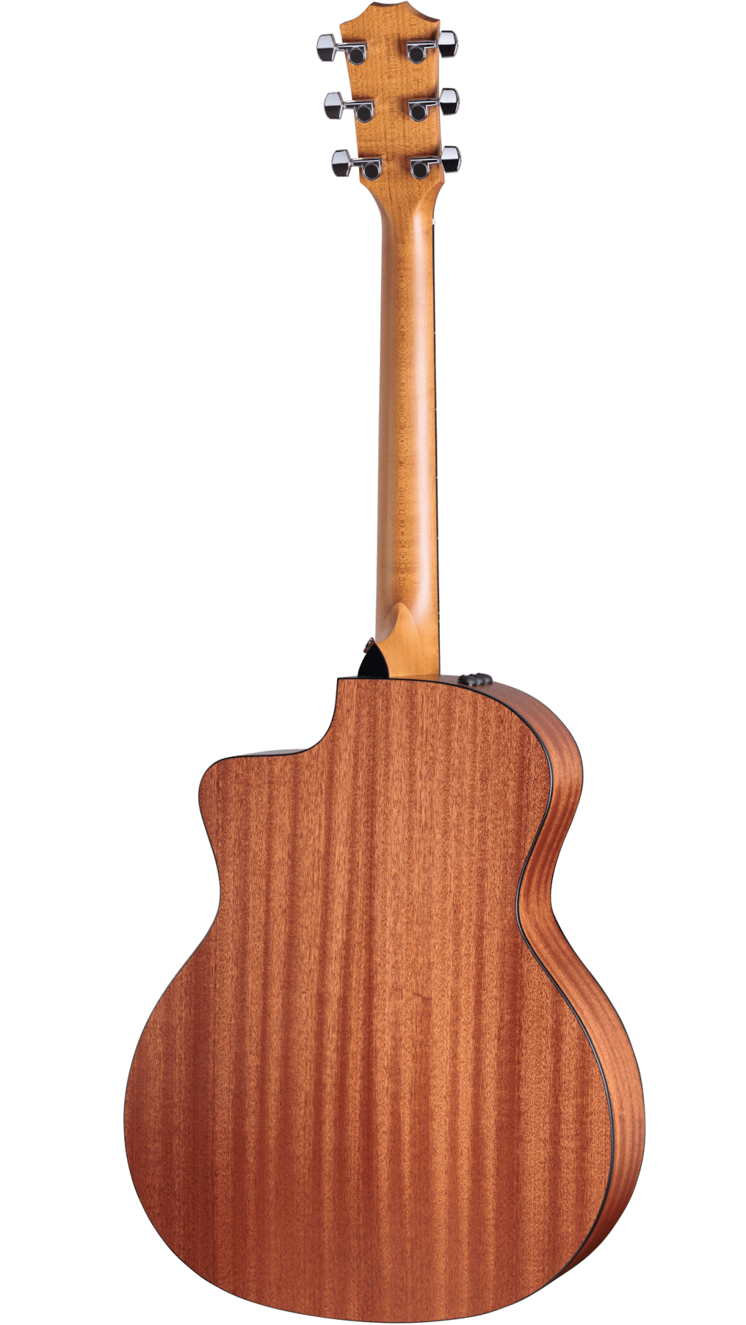The image shows the back of an acoustic guitar with a warm-toned wood body, possibly mahogany, featuring visible grain patterns. It has a 3+3 tuning peg headstock, a long wooden neck, and a curved body with a cutaway design. The wood has a natural satin finish, with binding around the edges. This quality guitar appears suited for both acoustic and amplified play.