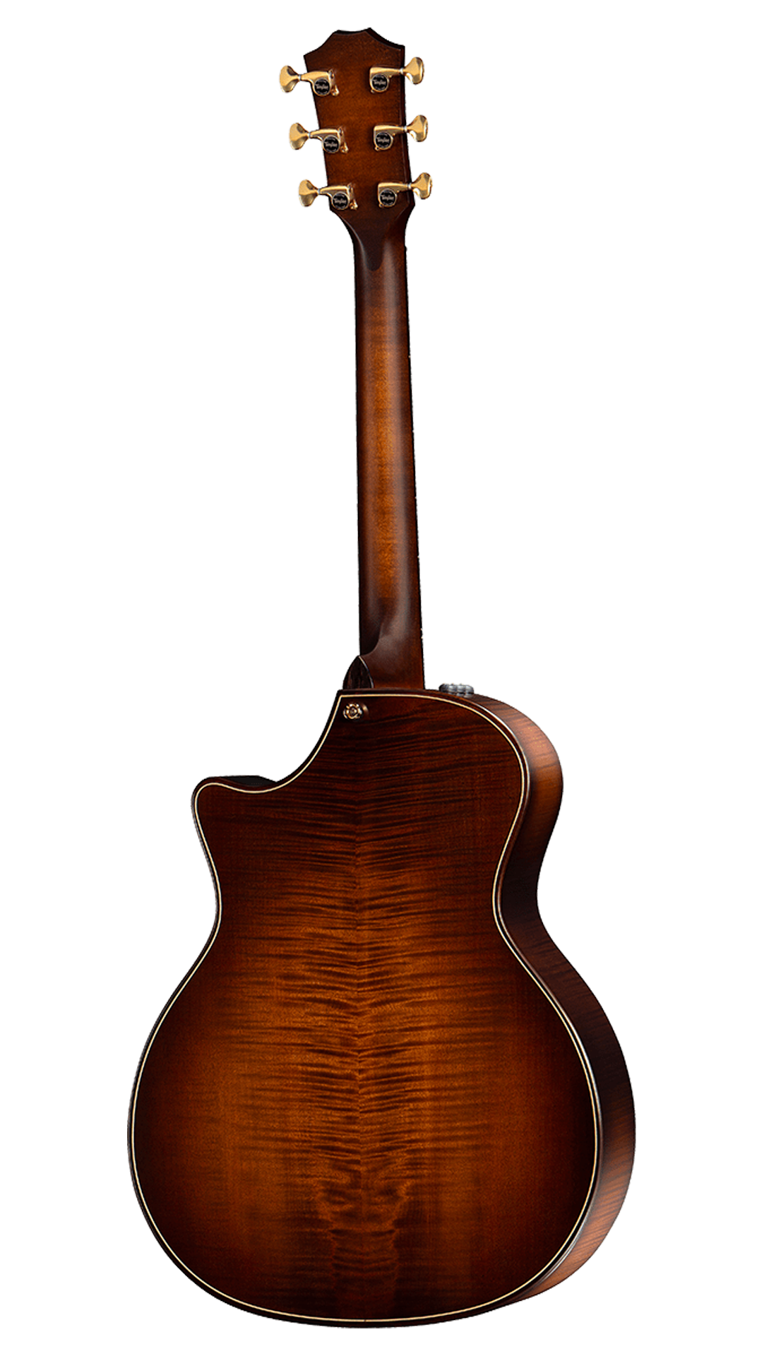 The image shows the back view of a classic acoustic guitar with a rich brown wood finish and prominent wood grain patterns. It features a traditional headstock with six gold or brass tuning pegs, three on each side. The body has decorative binding around the edges, highlighting its refined craftsmanship. The striking wood grain suggests premium figured tonewood, indicating a mid to high-end acoustic guitar.